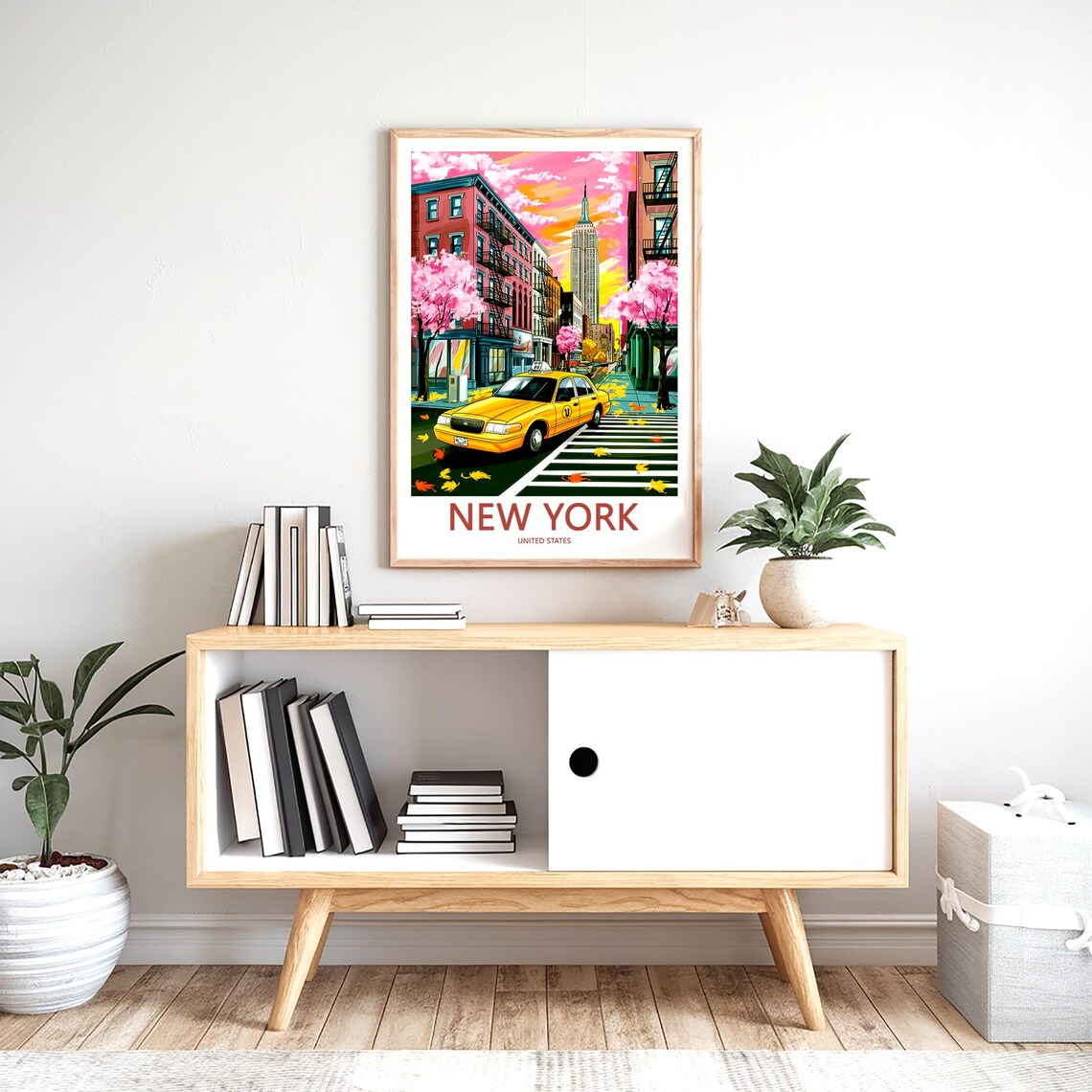 New York Yellow Taxi Cab at a Pink Sunset with Blossoms Poster - Image 2