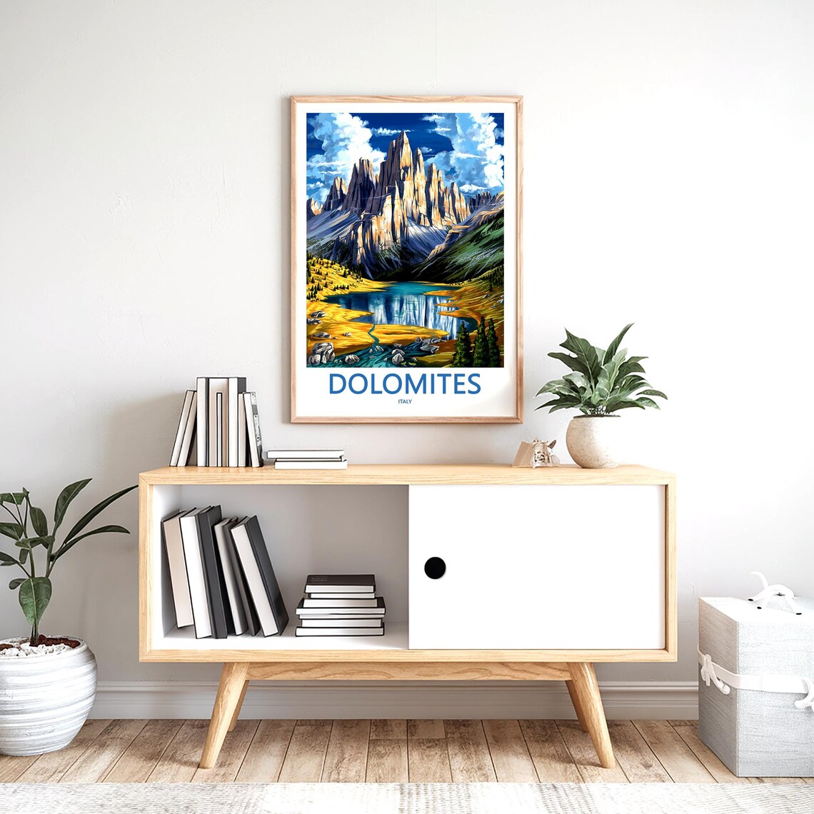 Dolomites Peaks over Blue Lake and Golden Shore Travel Poster - Image 2