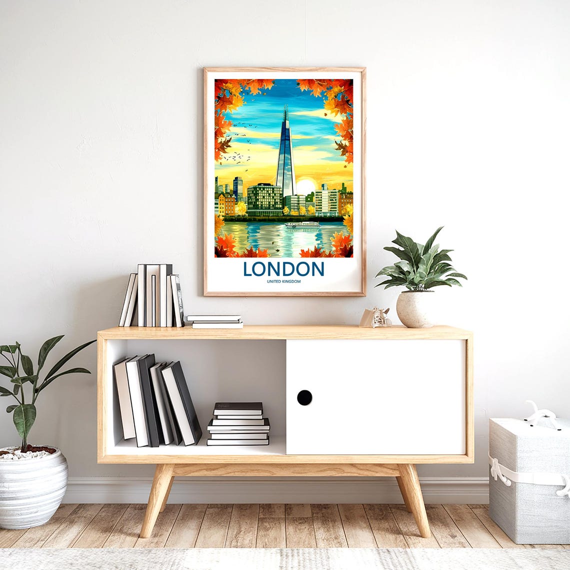 The Shard at Sunset with Maple Leaves and a River Boat Poster - Image 2