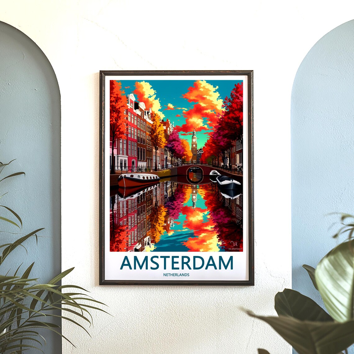 Amsterdam Fiery Autumn Canal Sunset with Boats Art Travel Poster - Image 3