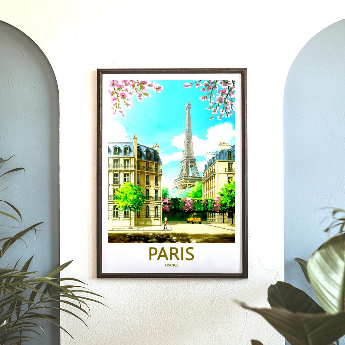 Eiffel Tower Between Haussmann Buildings in Pink Cherry Blossom Poster - Image 3