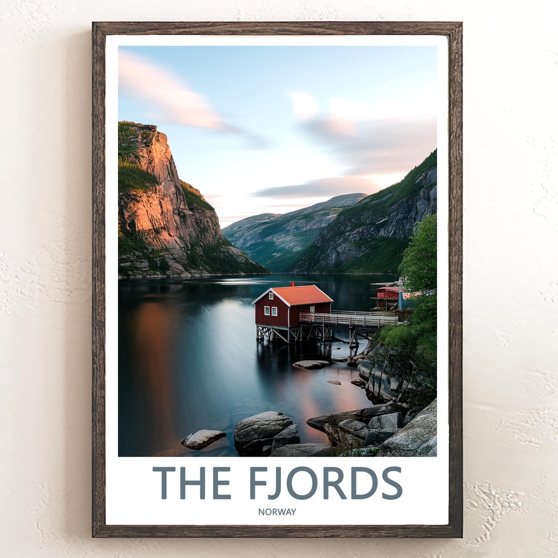 Norwegian Fjords Red Stilt Boathouse at Sunset Norway Travel Poster