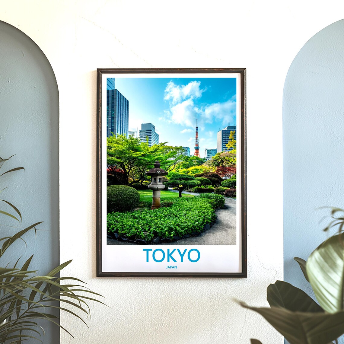 Tokyo Garden Stone Lantern with Tokyo Tower Behind Skyscrapers Poster - Image 3
