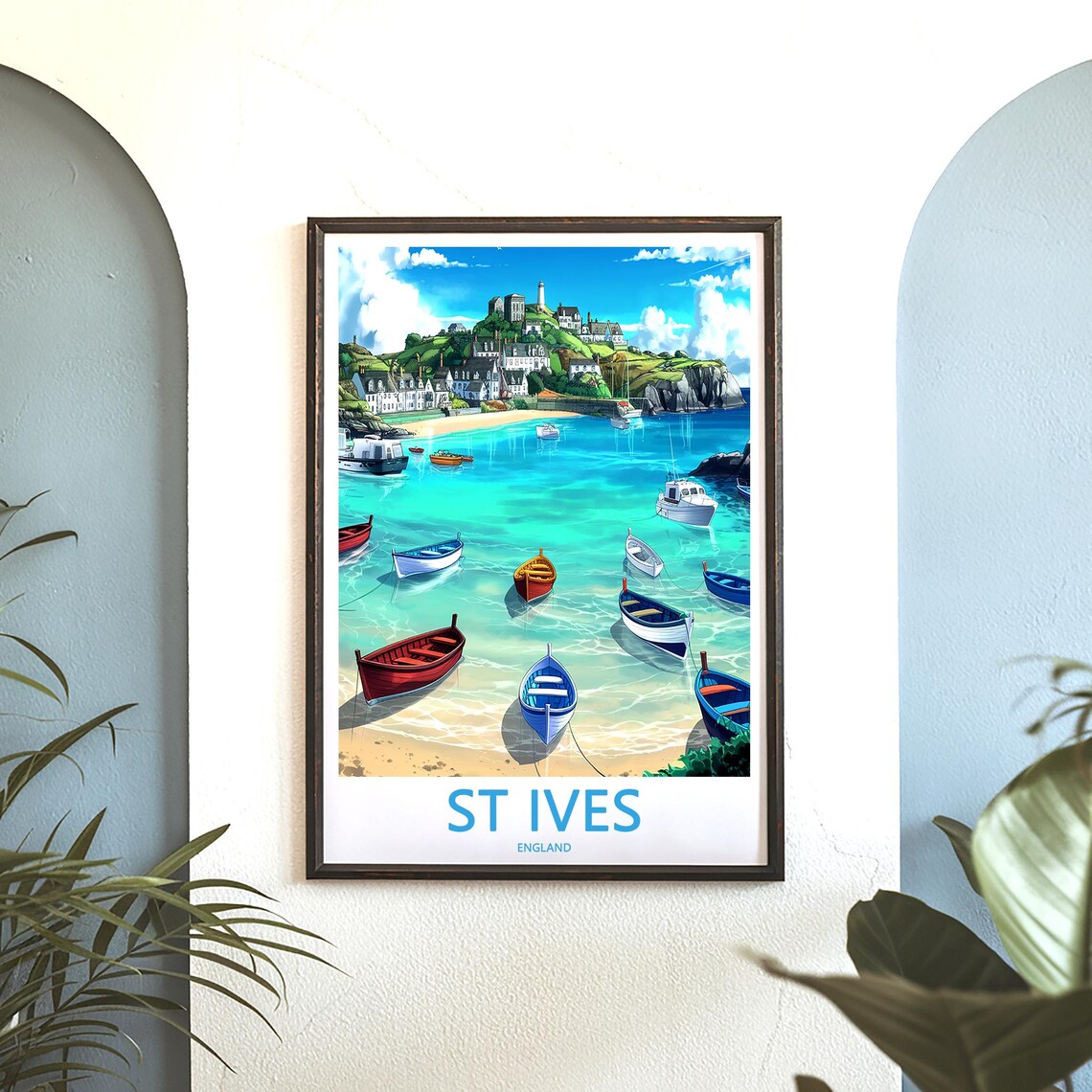 St Ives England Bright Boats Harbor Below Hillside Town Poster - Image 3