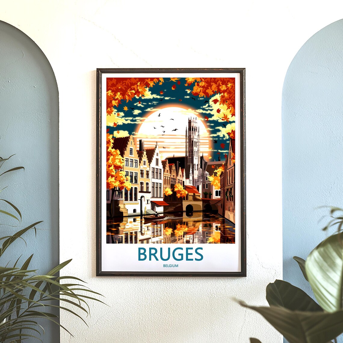 Bruges Autumn Sunset over Canal with Falling Leaves Travel Poster - Image 3