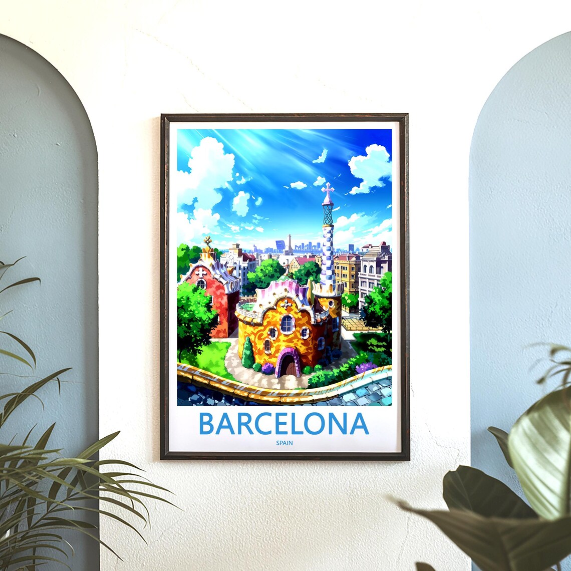 Barcelona Park Güell Cartoon Gatehouse Bright Sunny Day Poster - Image 3
