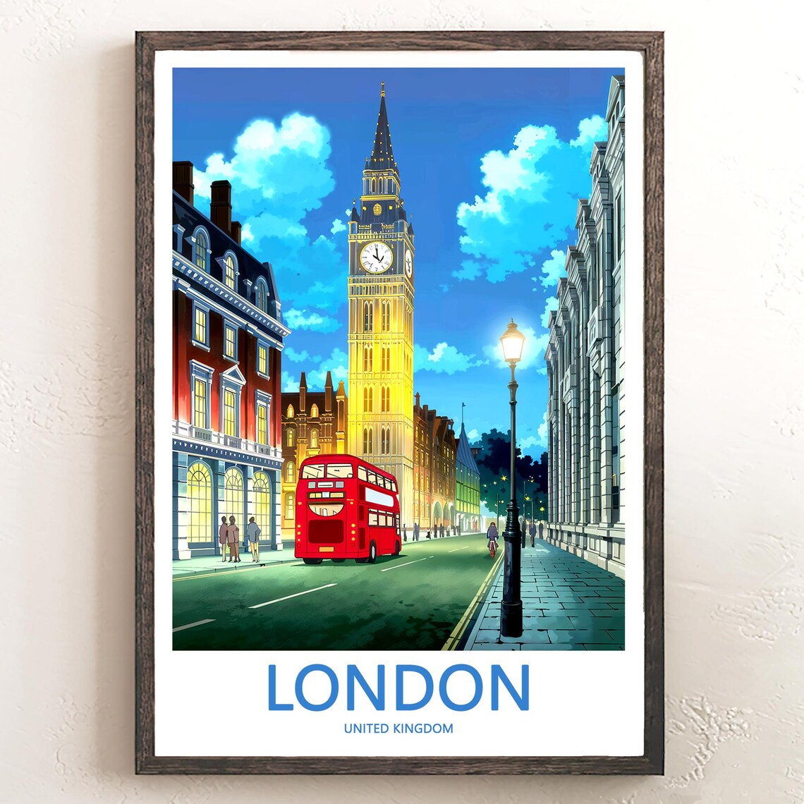 Big Ben Evening Street Scene with Red Bus and Lamppost Poster