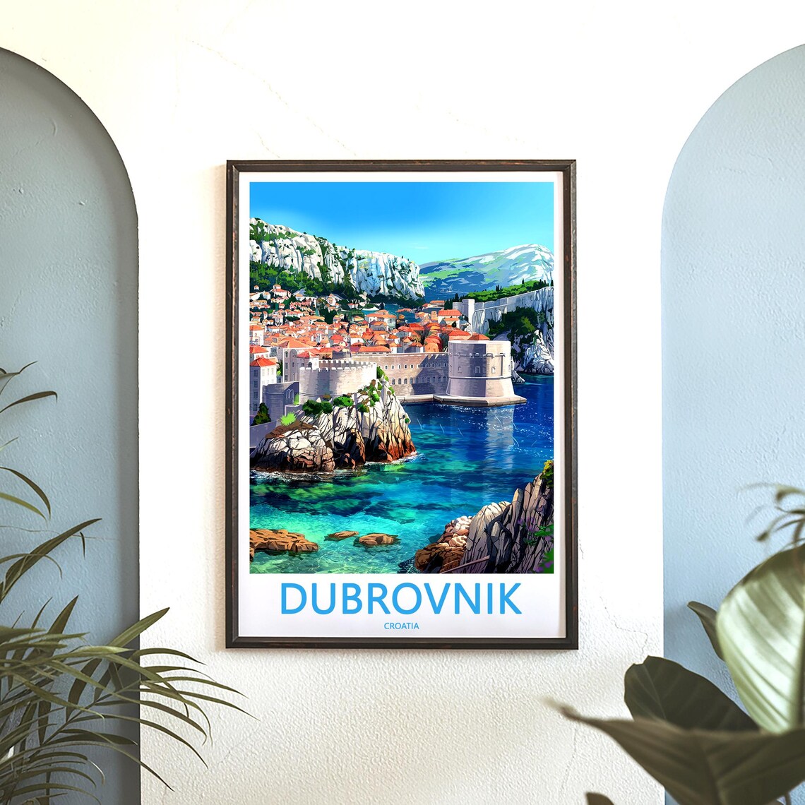 Dubrovnik City Walls from Sea Rocky Cliffs Illustration Travel Poster - Image 3