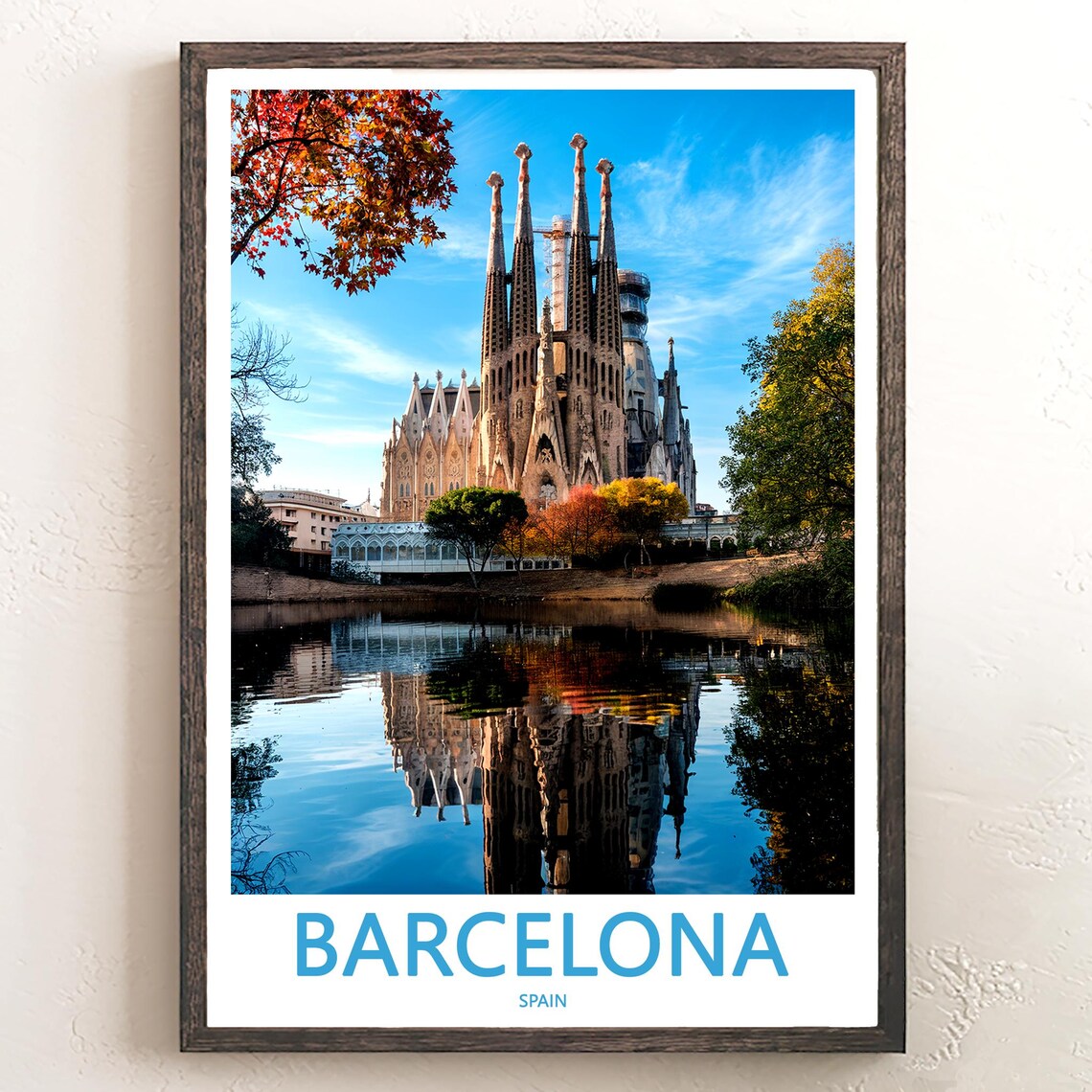 Barcelona Sagrada Família Wide Autumn Reflection Photo Poster