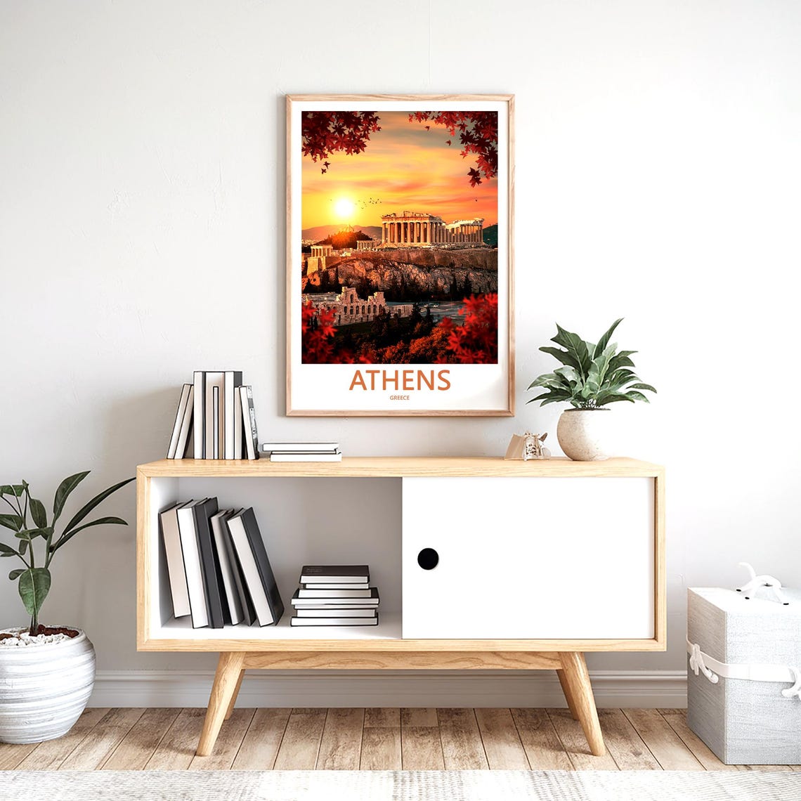 Athens Acropolis Sunset Through Red Autumn Leaves Photo Poster - Image 2