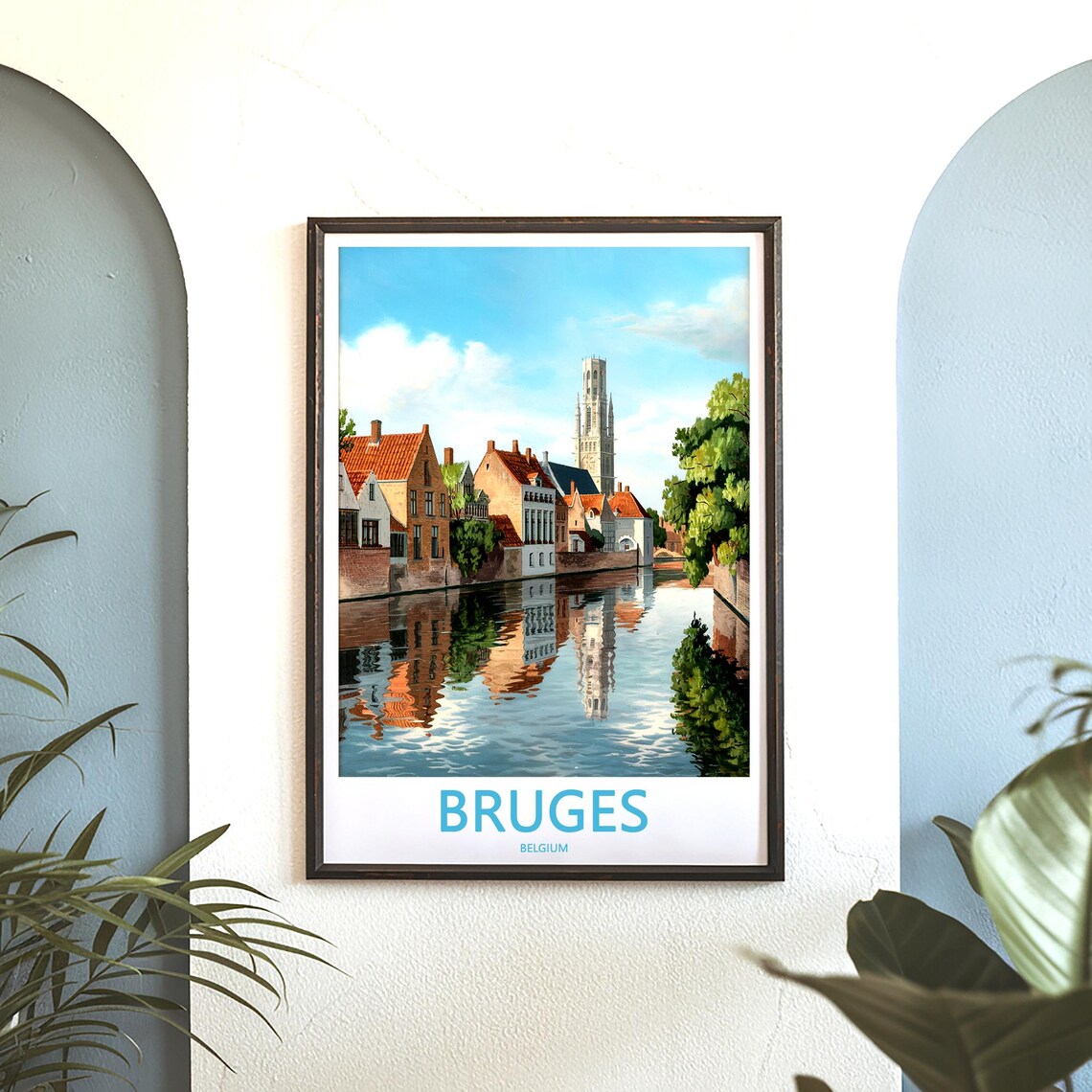 Bruges Belgium Canal Reflections Gabled Houses Church Tower Poster - Image 3