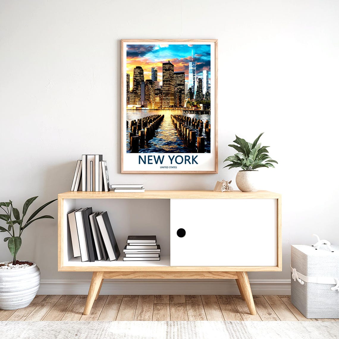 New York Manhattan Sunset Pier Pilings Golden Water Travel Poster - Image 2