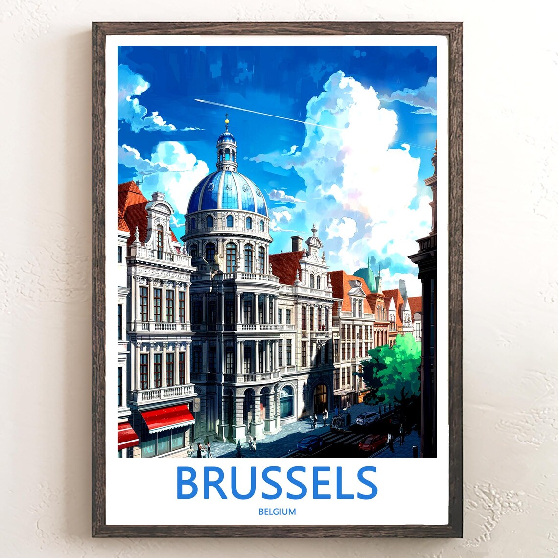 Brussels Belgium Blue Dome Building Street Corner Scene Poster