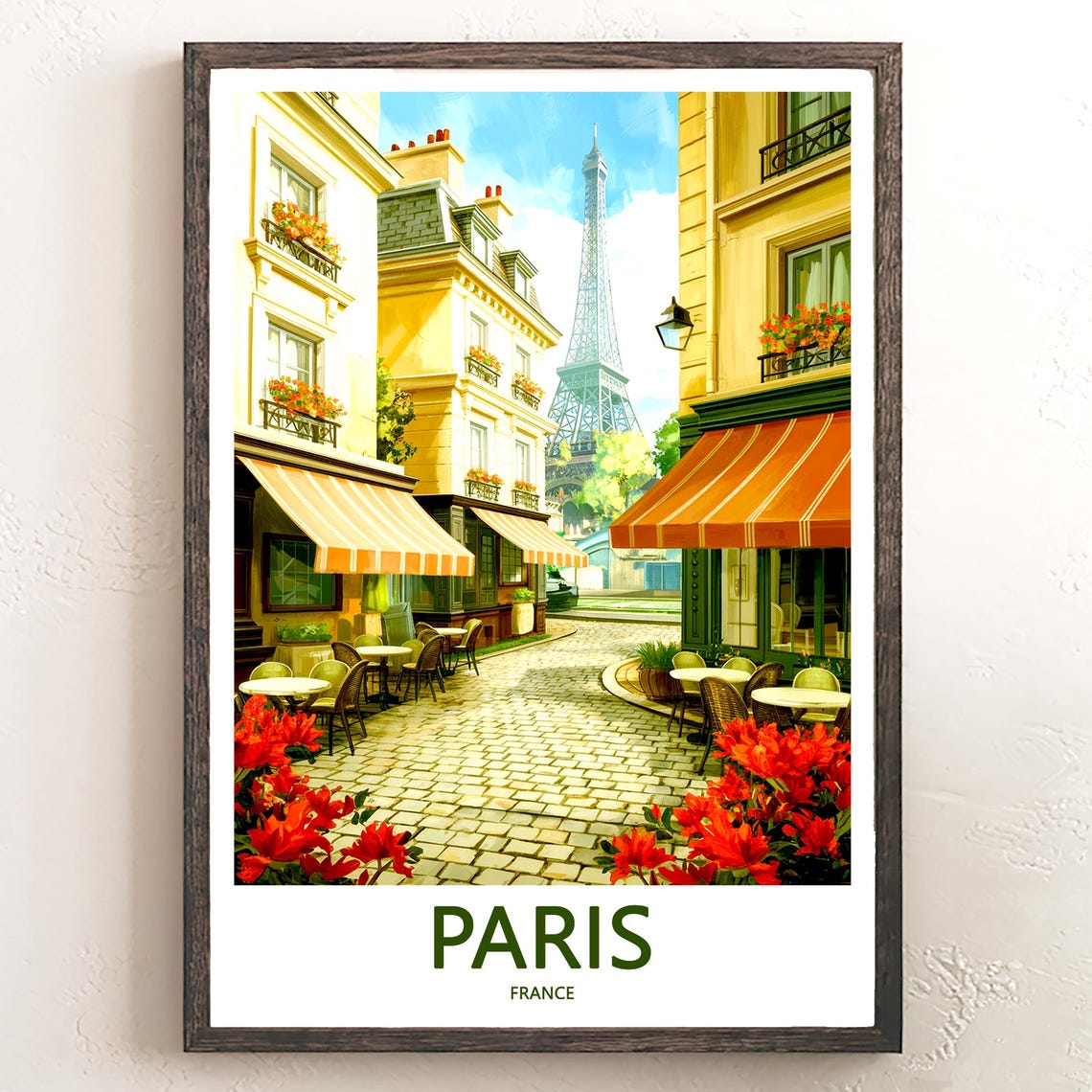Eiffel Tower Cafe Lane Red Flowers Cobblestone Paris France Poster