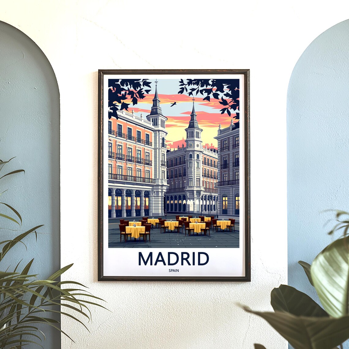 Madrid Plaza Mayor Illustrated Sunset Cafe Terrace Scene Poster - Image 3