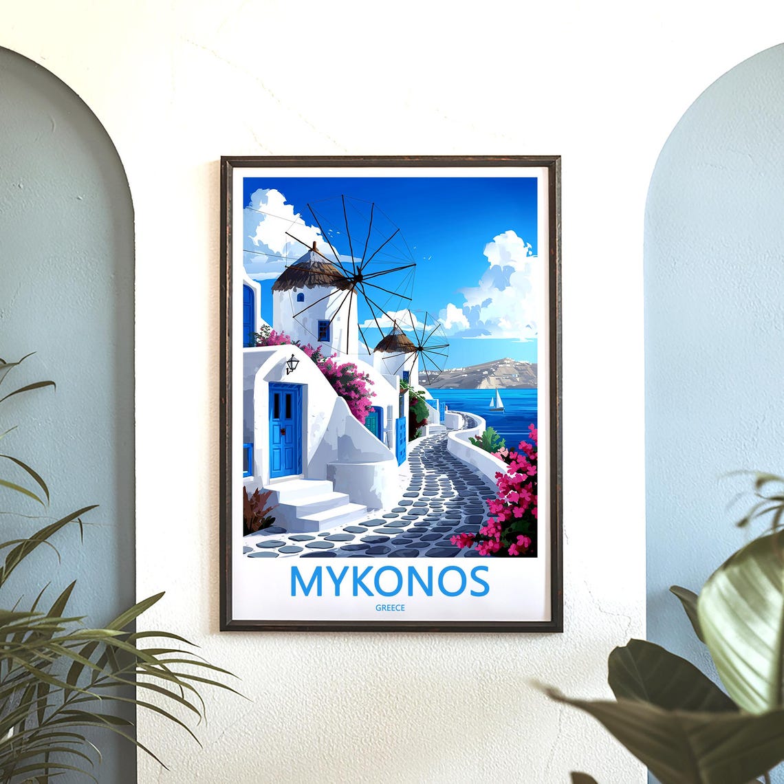 Mykonos Windmills Harbor Path Bougainvillea Greece Art Poster - Image 3