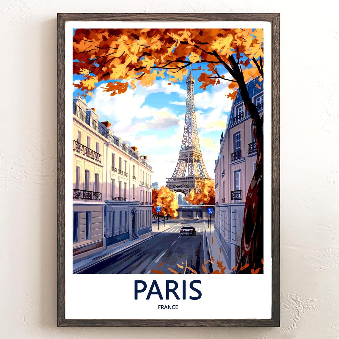 Eiffel Tower Autumn Tree Canopy Street Black Car Paris Poster
