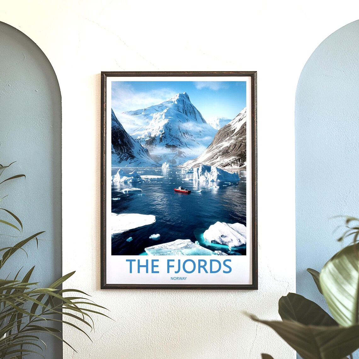 The Fjords Norway Snowy Icebergs Red Ship Winter Scene Poster - Image 3