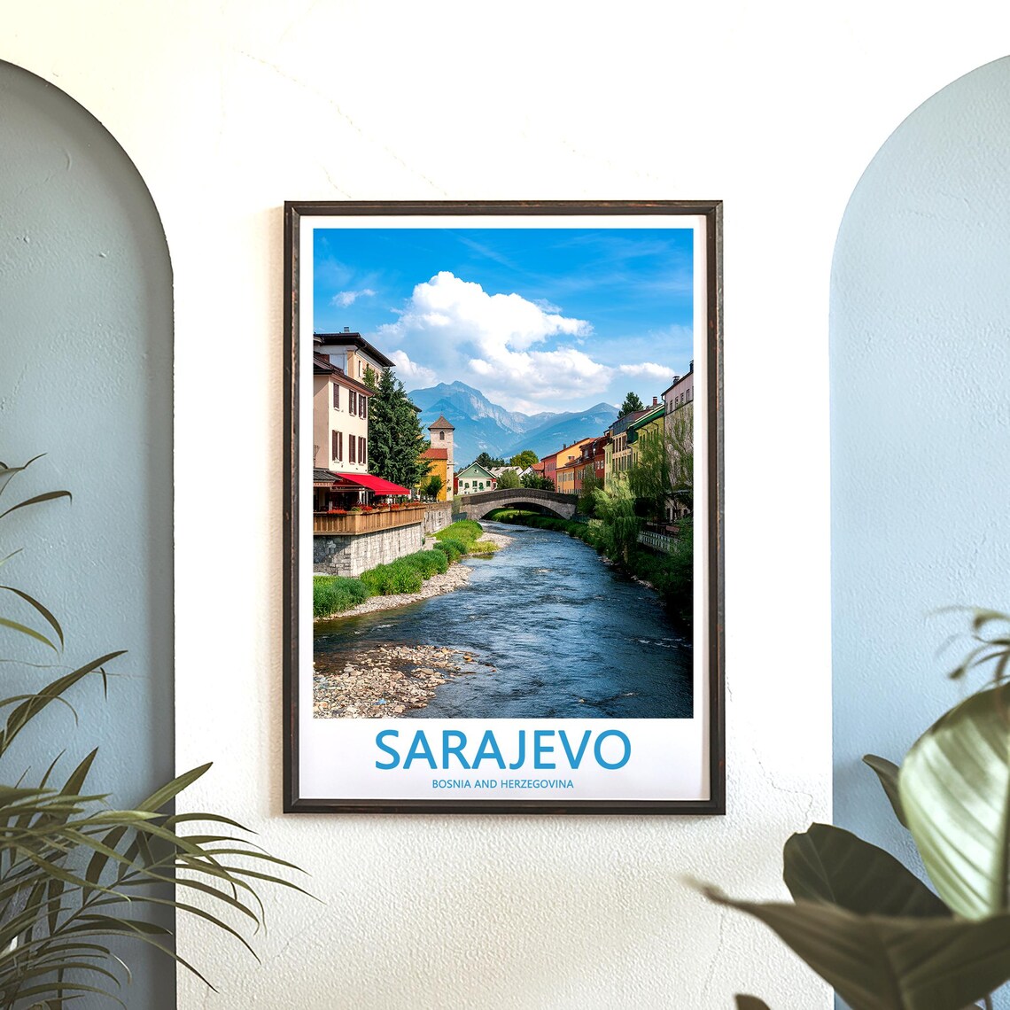Sarajevo River Stone Bridge and Mountains Cityscape Travel Poster - Image 3