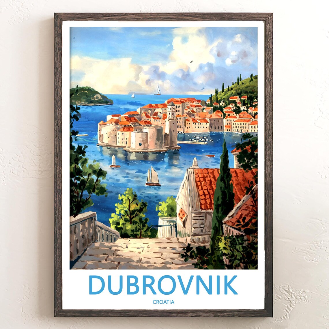 Dubrovnik Stone Staircase Harbor Sailboats Illustration Travel Poster