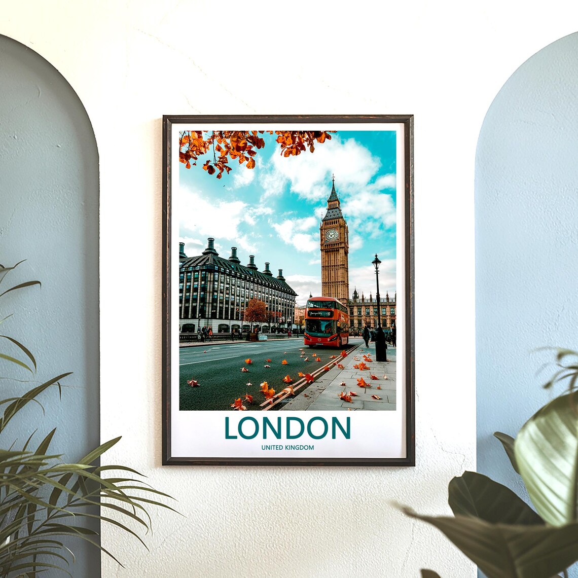 Big Ben Red Double Decker Bus Autumn Leaves Street Photo Poster - Image 3