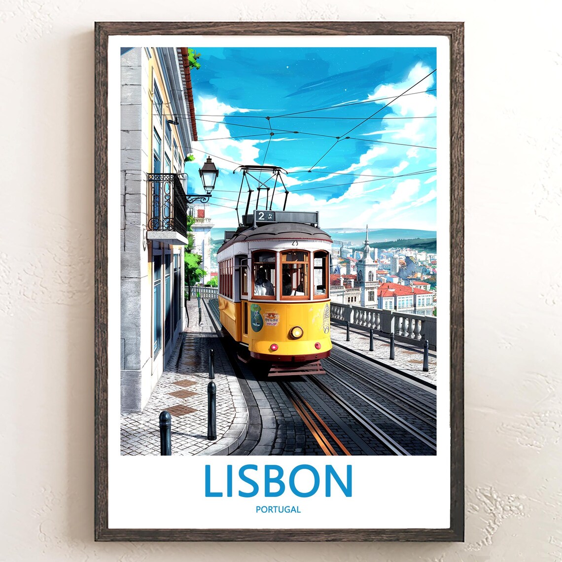 Lisbon Yellow Tram 23 Climbing a Hill Past Church Towers Poster