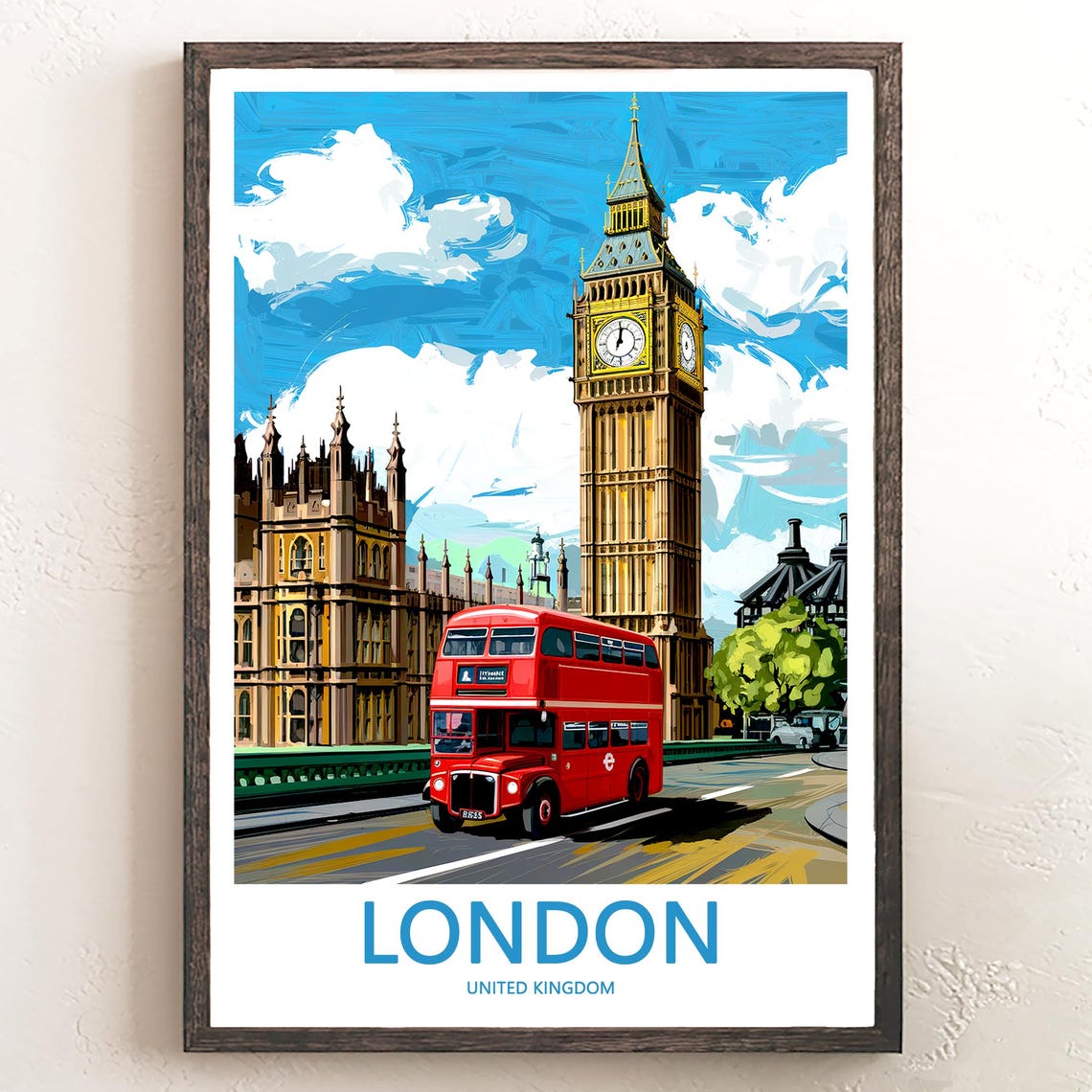 Big Ben Vintage Routemaster Bus Under a Painted Sky Art Poster