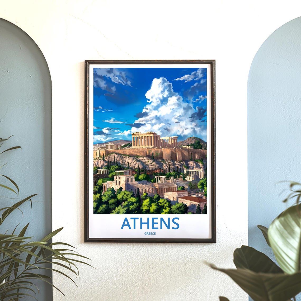 Athens Acropolis Dramatic Clouds Green Hills Illustrated Poster - Image 3