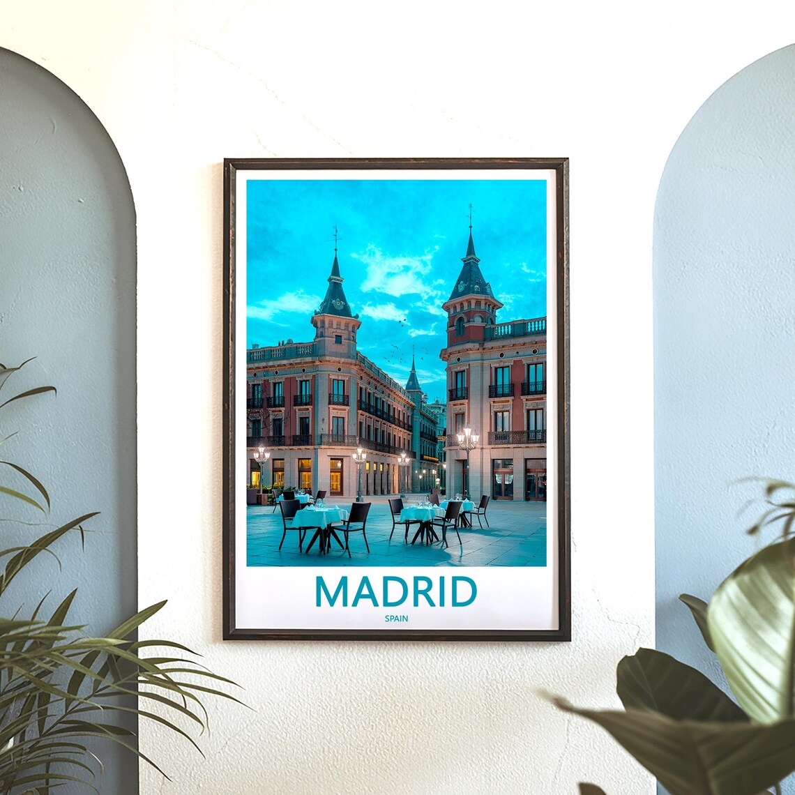 Madrid Historic Plaza at Dusk With Glowing Cafe Tables Poster - Image 3