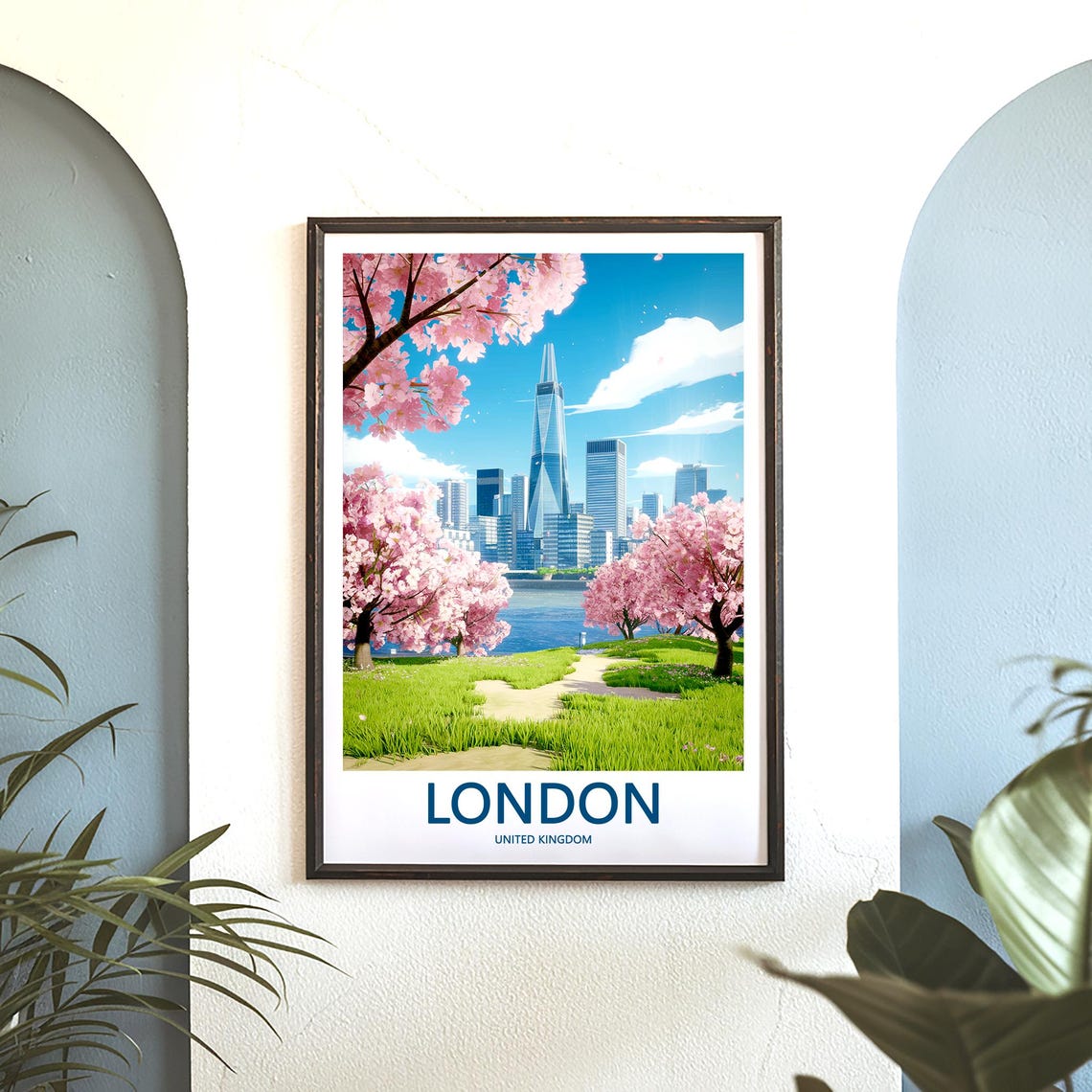 The Shard Beyond Cherry Blossom Trees by the River Thames Poster - Image 3