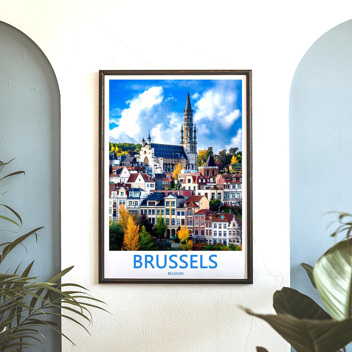Brussels Belgium Hilltop Church Spire Houses Autumn View Poster - Image 3