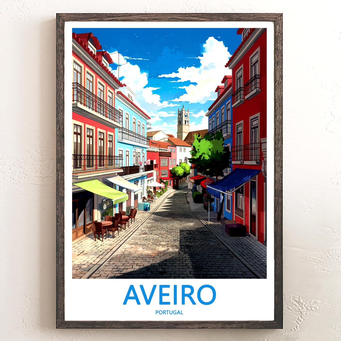 Aveiro Portugal Old Town Cobblestone Street Cafés Travel Poster