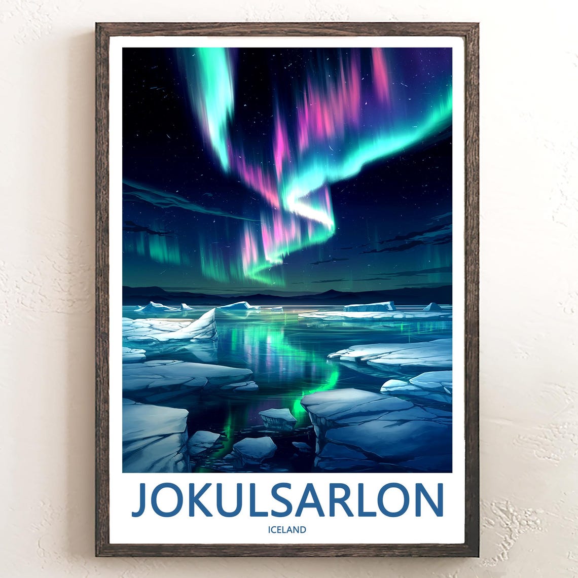 Jokusarlon Iceland Neon Aurora and Drifting Icebergs Art Poster