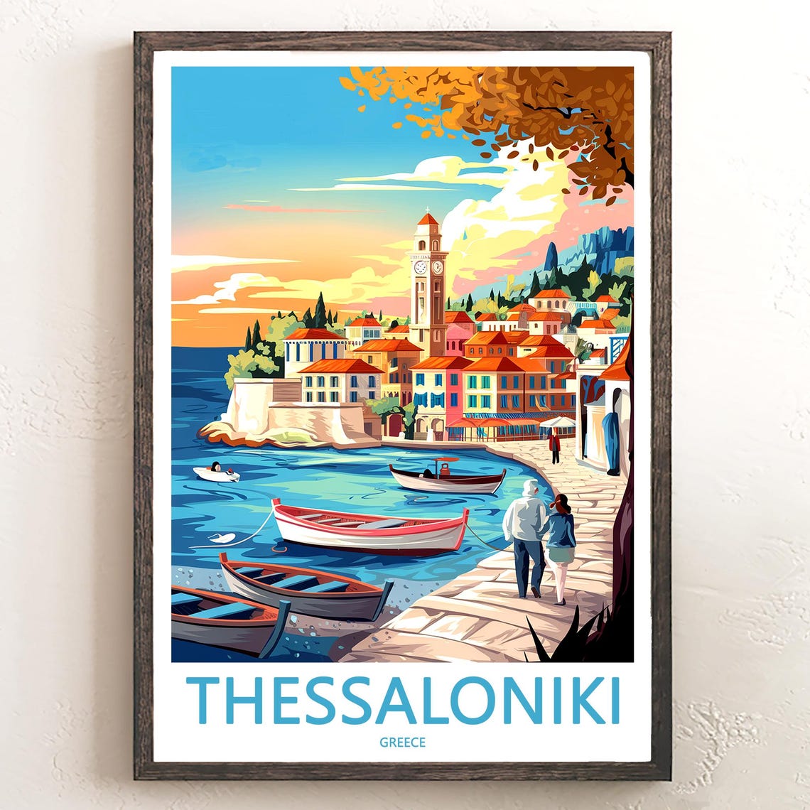 Thessaloniki Greece Seaside Promenade at Sunset Travel Poster