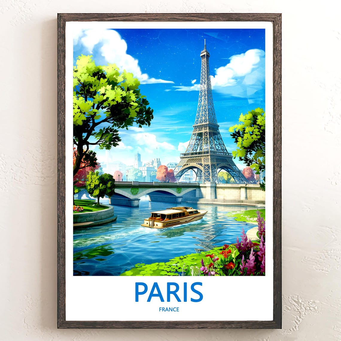 Paris Eiffel Tower Bridge View With River Boat in Autumn Poster