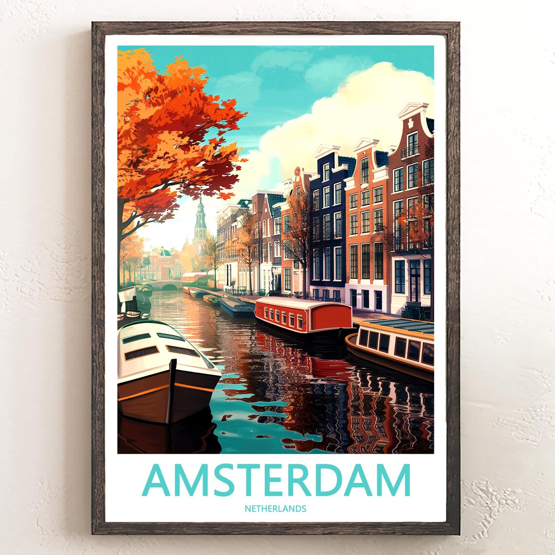 Amsterdam Autumn Houseboats Orange Foliage Illustrated Poster