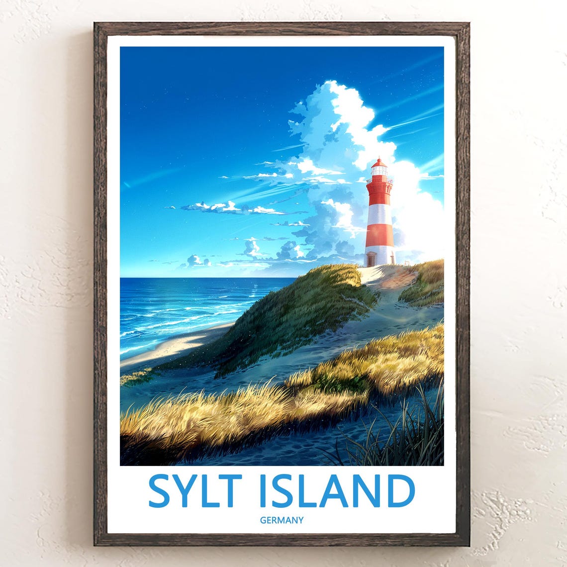 Sylt Island Germany Lighthouse Above Dunes and Beach Travel Poster