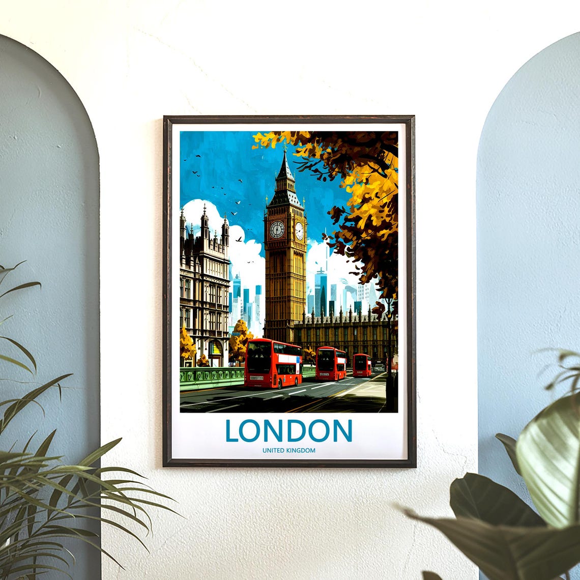 London Big Ben Westminster Bridge Fall Foliage Buses Day Poster - Image 3