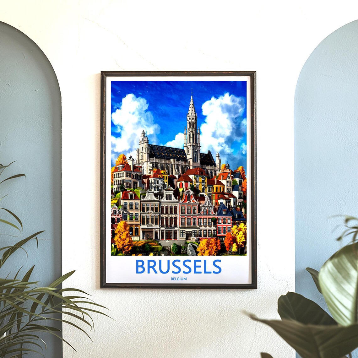 Brussels Belgium Spire Above Colorful Houses Autumn Art Poster - Image 3