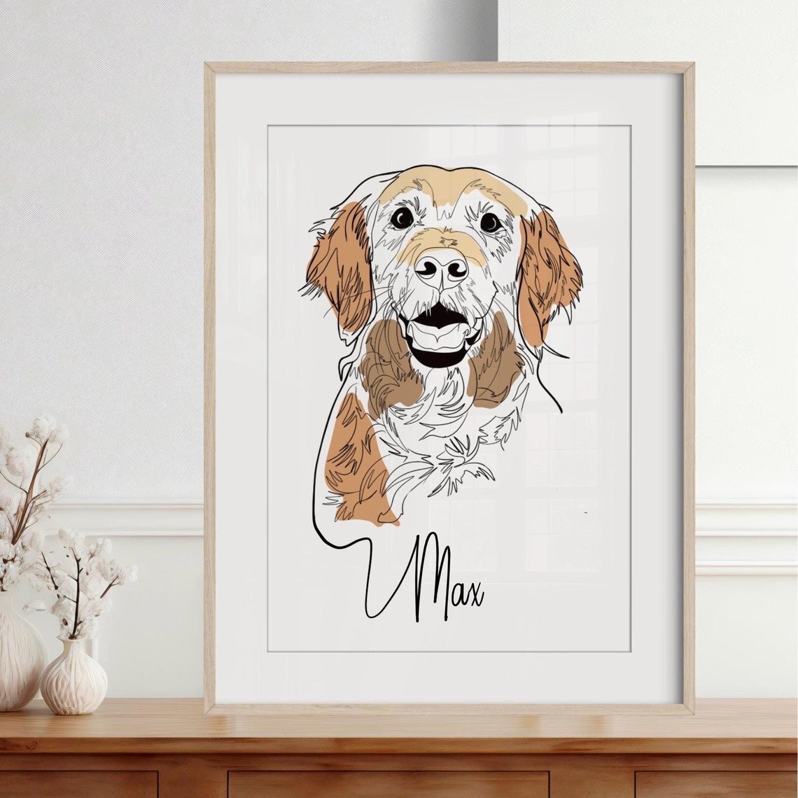 Fluffy Puppy Line Drawing Gray Taupe Custom Pet Portrait Poster - Image 4