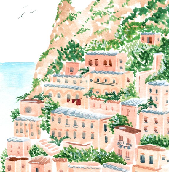 Amalfi Coast Italy Cliffside Village Watercolor Pastel Travel Poster