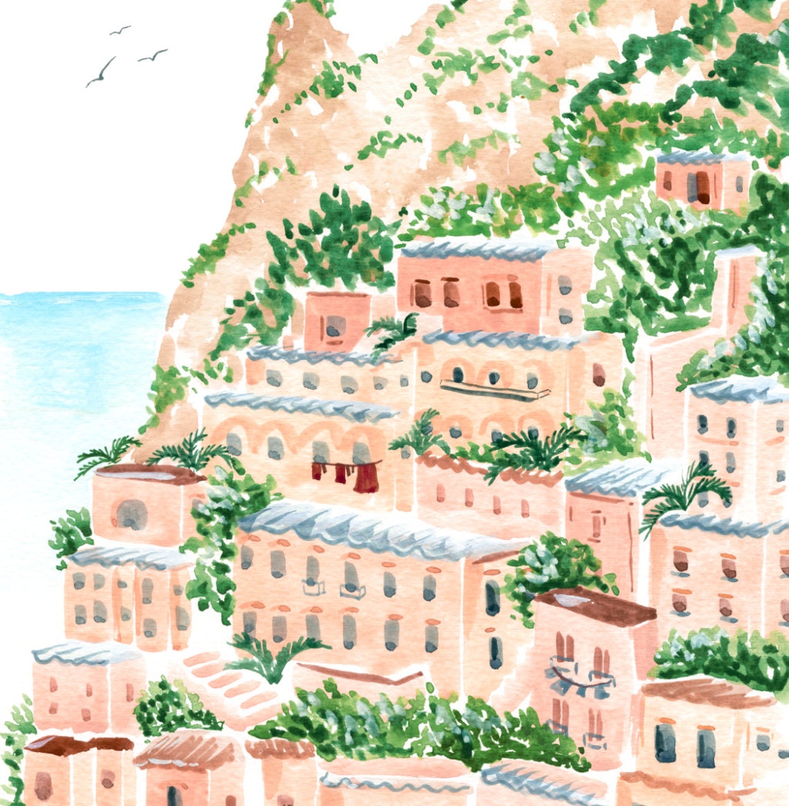 Italian Shore Wall Art Amalfi Coast Watercolor Print Travel Wall Art Office Living Room Bedroom Nautical Beach Sabina Fenn