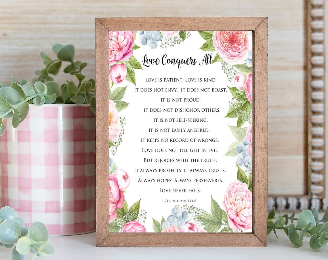 Love Conquers All 1 Corinthians 1348 Floral Scripture Wedding Wall Art