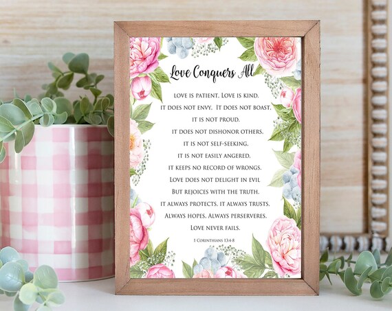 Love Conquers All 1 Corinthians 1348 Floral Scripture Wedding Wall Art