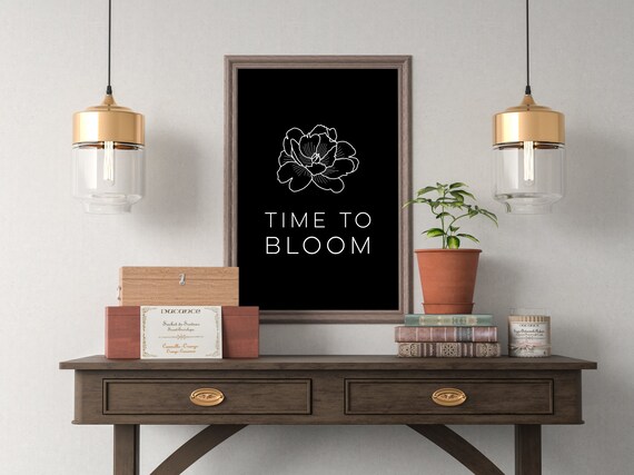 Time To Bloom Black White Floral Line Art Modern Typography Poster