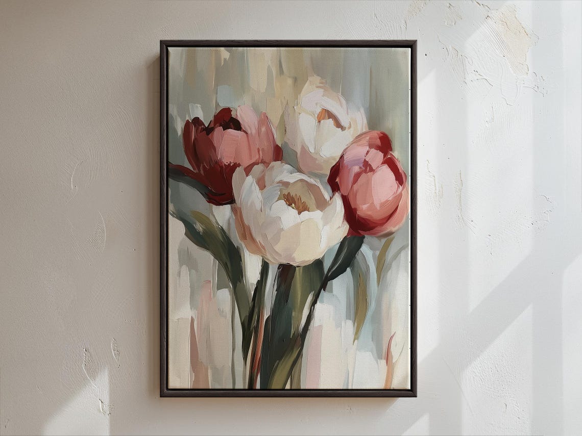 Impressionist Red Pink and White Tulips Blooming Bouquet Art Poster - Image 3