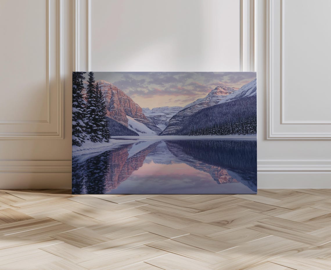 Winter Mountain Lake Mirror Reflection at Soft Pink Dusk Poster - Image 2