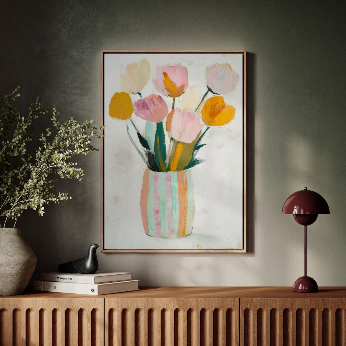 Modern Pastel Tulips Floral Painting in Striped Vase Wall Art - Image 3