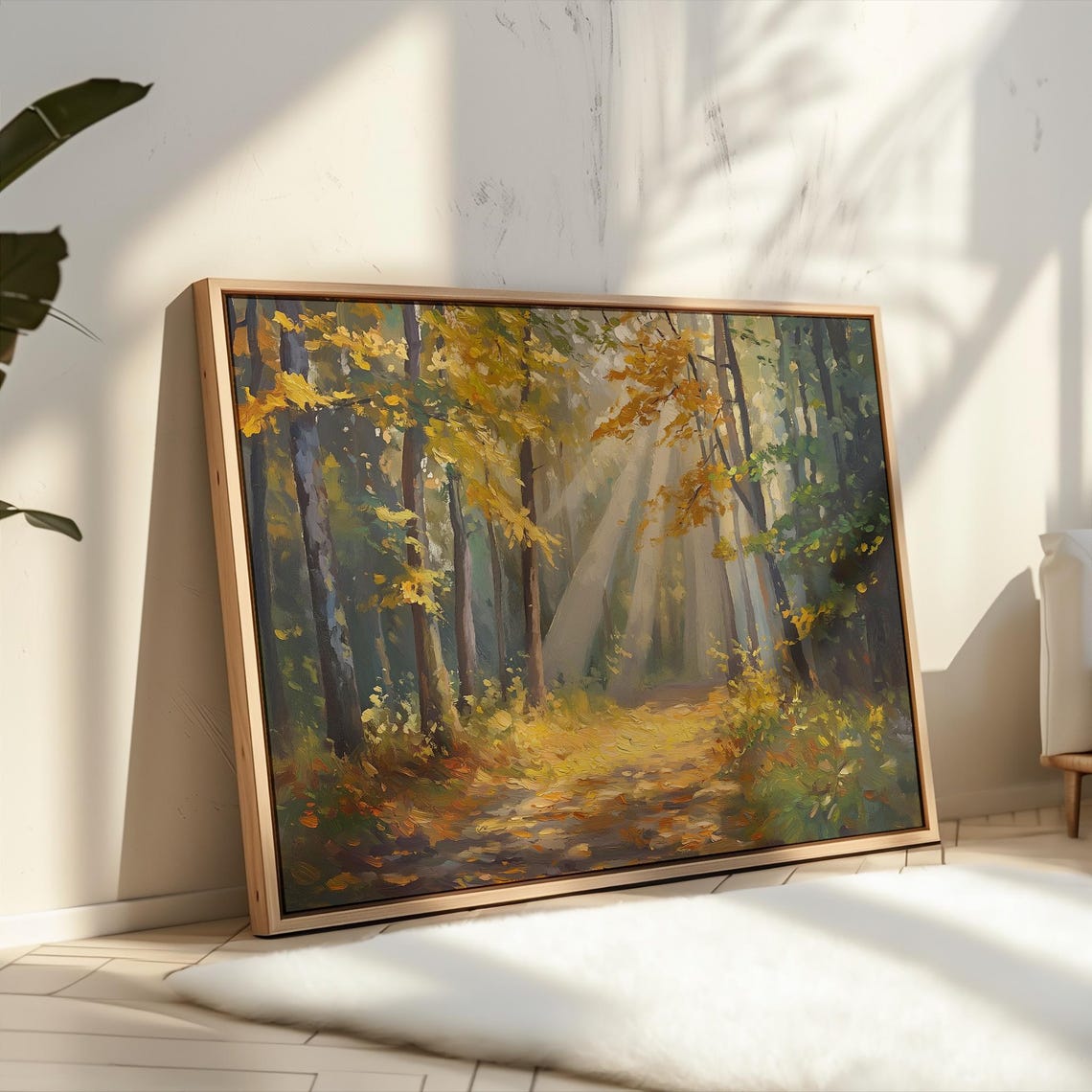 Autumn Forest Path With Golden Sunbeams Oil Painting Art Poster - Image 2