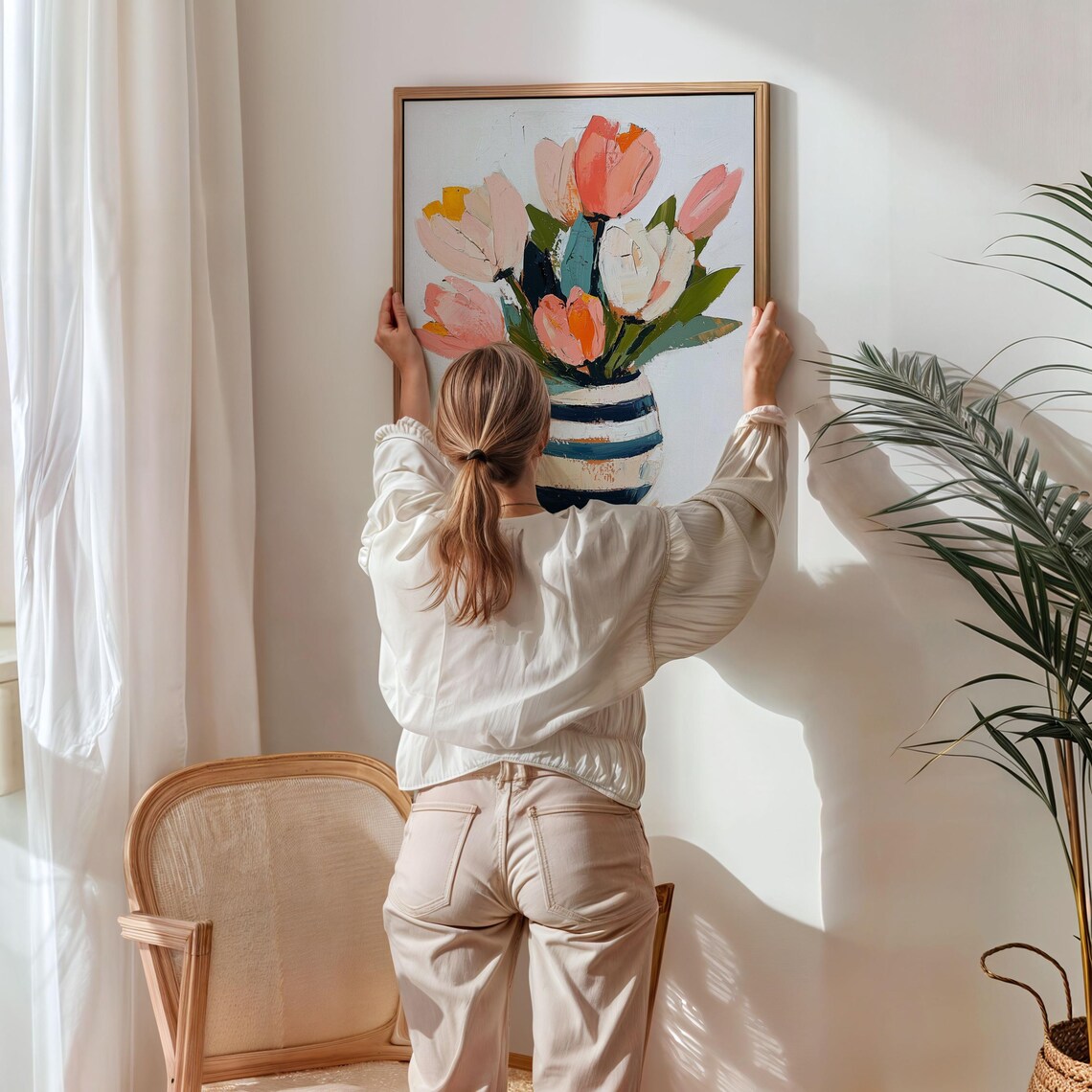 Pink and Coral Tulips in Striped Vase Modern Floral Painting Wall Art - Image 3